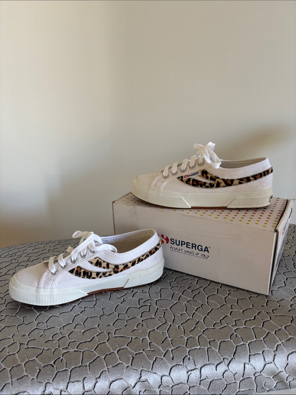 Superga White Canvas Sneakers with Leopard Side Stripe